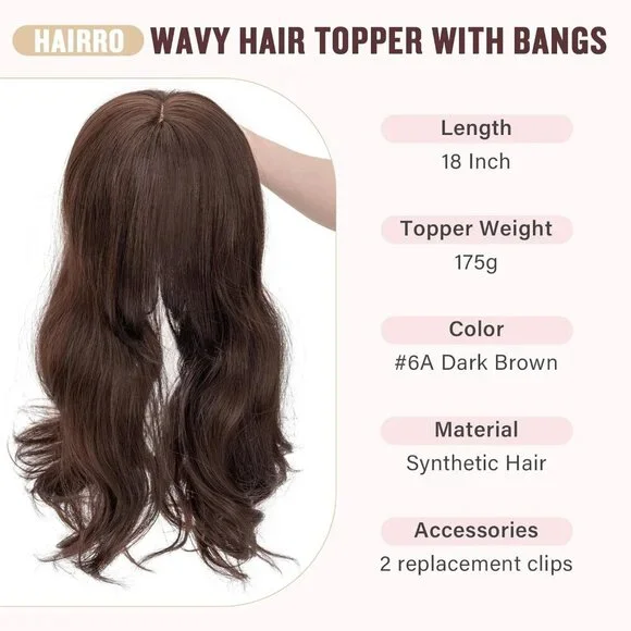 18 Inch Wavy Hair Topper with Side Bangs Synthetic Dark Brown Women